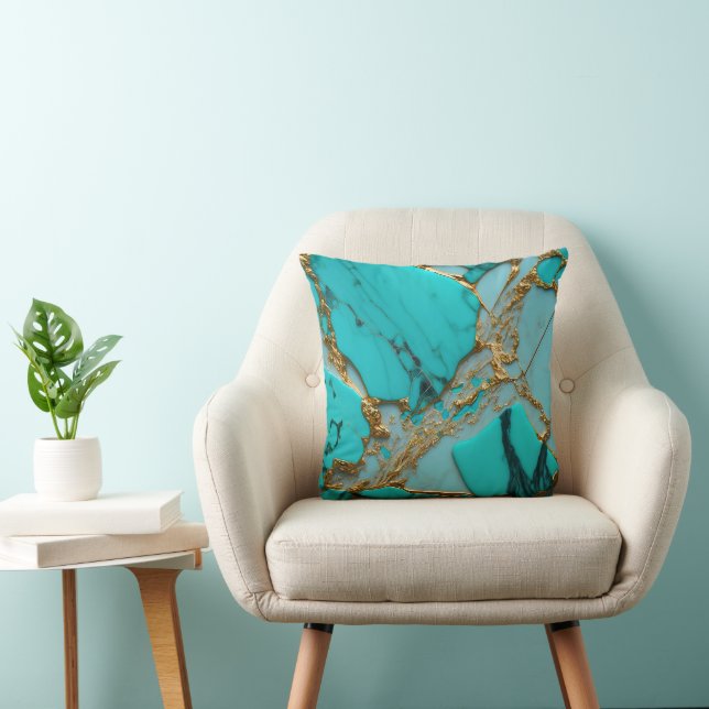 Turquoise Marble with Golden Veins Throw Pillow (Chair)