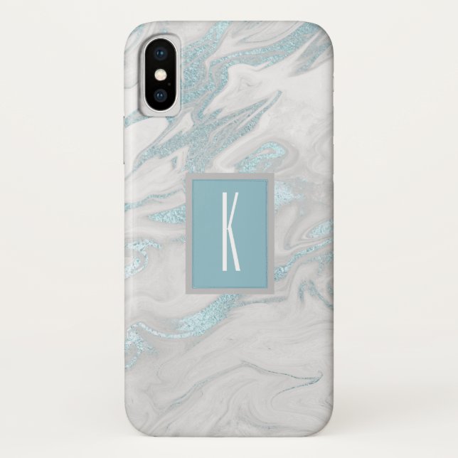 Turquoise Marbled Monogrammed iPhone X Case (Back)