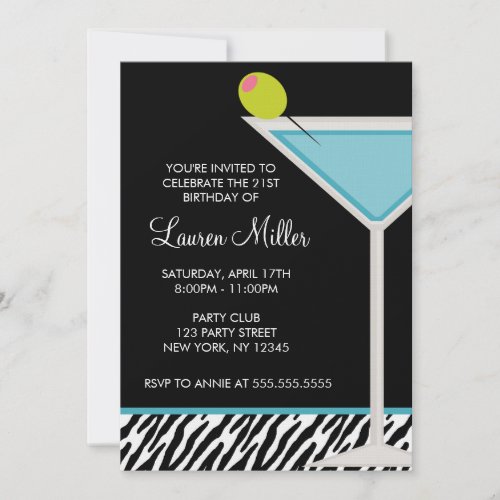 Turquoise Martini and Zebra Pattern Invitation