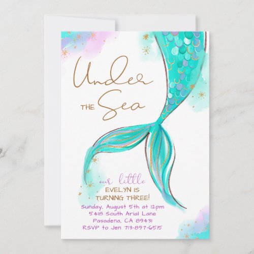 Turquoise Mermaid Birthday Under The Sea Party Invitation