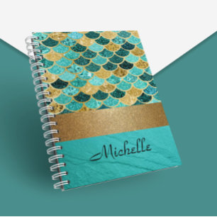 Turquoise Mermaid Scales Stone Personalized Gold Notebook