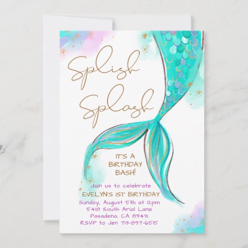 Turquoise Mermaid Splish Splash Girl Birthday Invitation