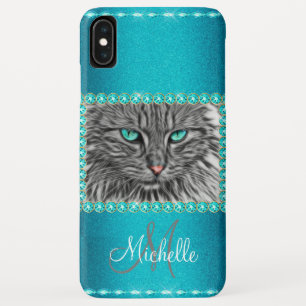 Turquoise Metallic Cat, Rhinestones Personalized iPhone XS Max Case