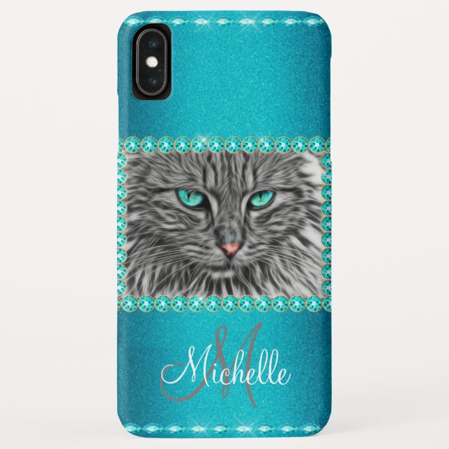 Turquoise Metallic Cat, Rhinestones Personalized Case-Mate iPhone Case (Back)