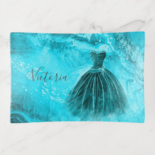 Turquoise Metallic Elegant Name Evening Gown Trinket Tray