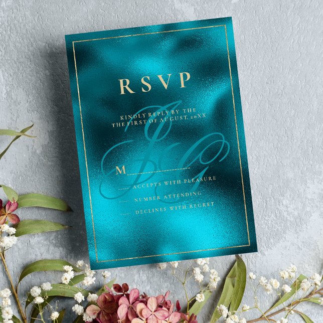 Turquoise metallic monogram initials RSVP  Invitation (Turquoise metallic monogram initials RSVP)