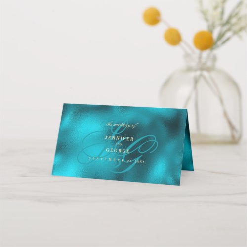 Turquoise metallic monogram initials wedding place card