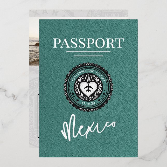 Turquoise Mexico Passport Wedding Foil Invitation (Front/Back)