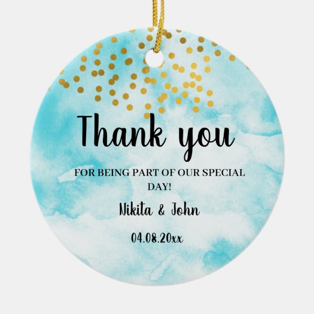 Turquoise minimal calligraphy thank you favor gift ceramic ornament (Front)