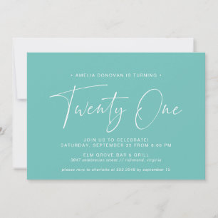 Turquoise   Minimalist Aqua Blue 21st Birthday Invitation