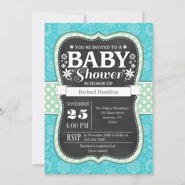 Turquoise Mint Chalkboard Floral Baby Shower Invitation (Front)