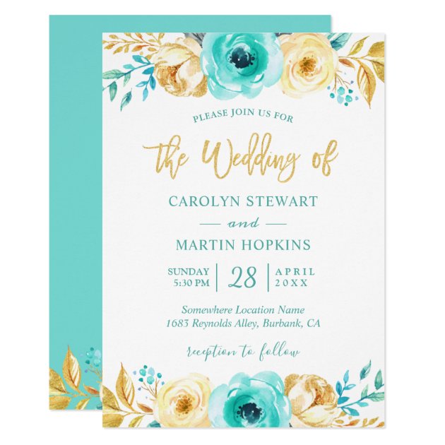 Turquoise Mint Gold Floral Romantic Chic Wedding Invitation