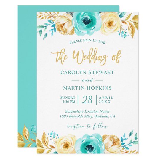 Turquoise Mint Gold Floral Romantic Chic Wedding Invitation Zazzle Com