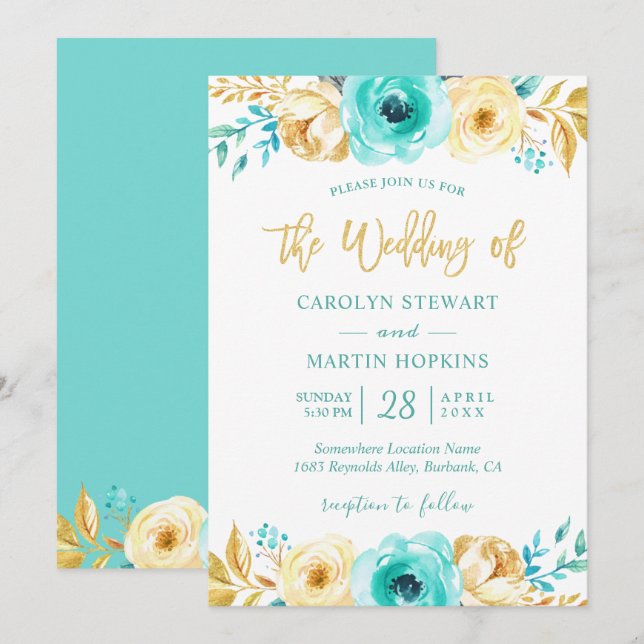 Turquoise Mint Gold Floral Romantic Chic Wedding Invitation (Front/Back)