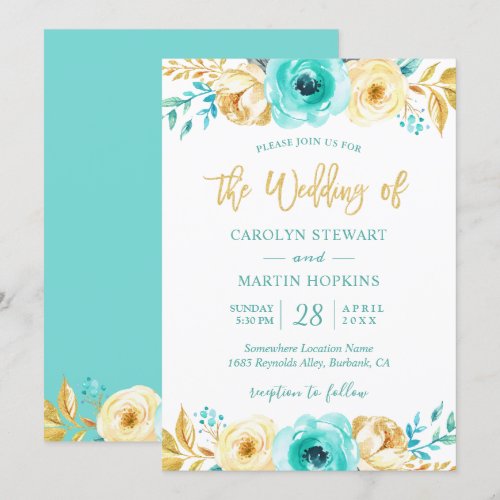 Turquoise Mint Gold Floral Romantic Chic Wedding Card