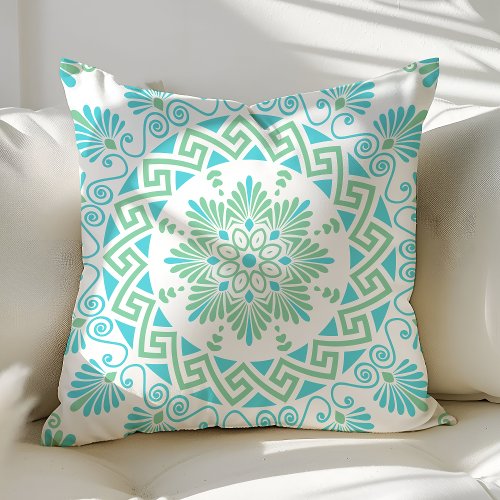 Turquoise Mint Greek Key Meander Mandala Pattern Throw Pillow