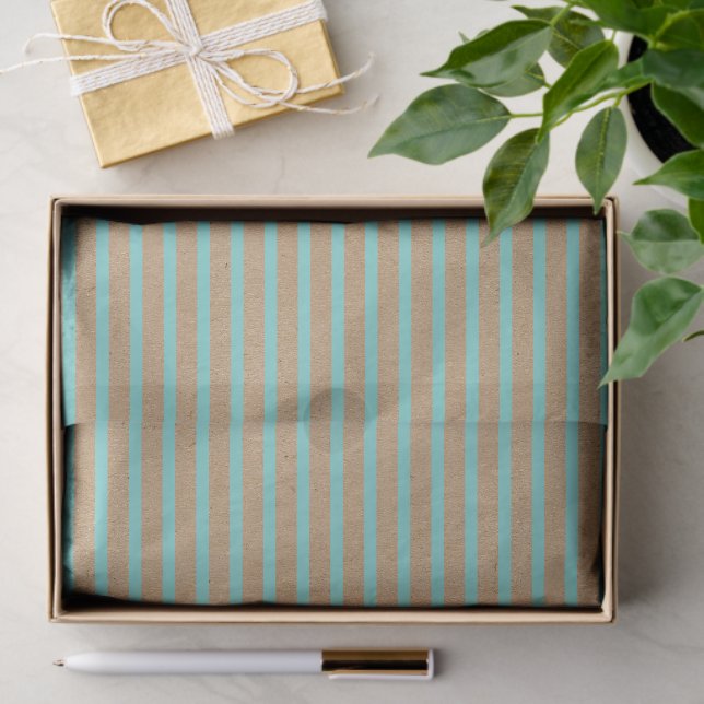 Turquoise Mint Green Lines Faux Rustic Brown Kraft Tissue Paper (Gift)