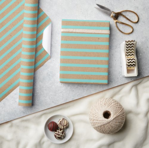 Turquoise Mint Green Lines Faux Rustic Brown Kraft Wrapping Paper