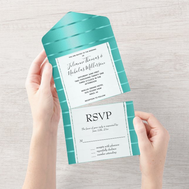 Turquoise Mint Green Ribbon Wedding All In One Invitation (Tearaway)