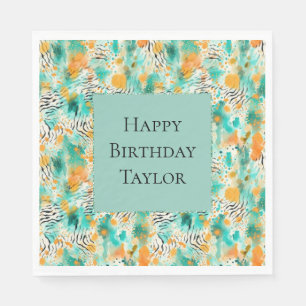 Turquoise Mint Tangerine Zebra Abstract Napkins