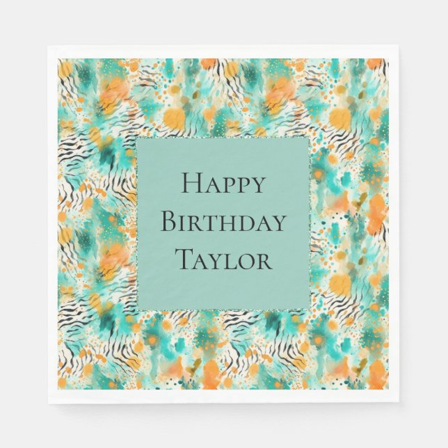 Turquoise Mint Tangerine Zebra Abstract Napkins (Front)