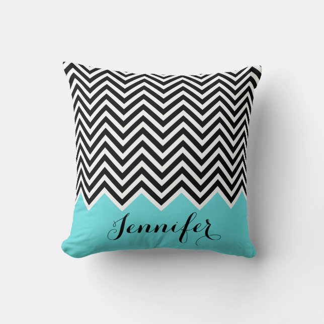 Turquoise mint with black and white Chevron Custom Throw Pillow (Front)