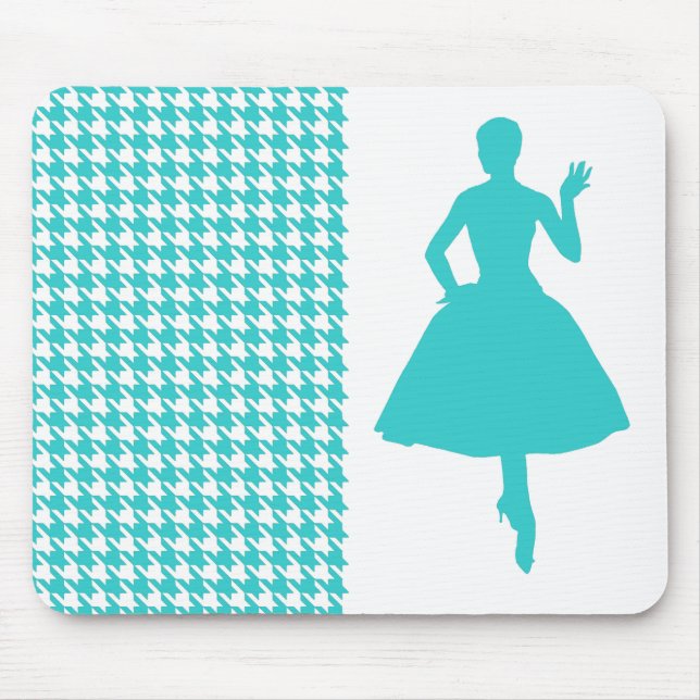 Turquoise Modern Houndstooth w/ Fashion Silhouette Mouse Pad (Front)
