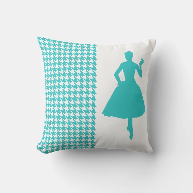Turquoise Modern Houndstooth with Silhouette Throw Pillow (Front)