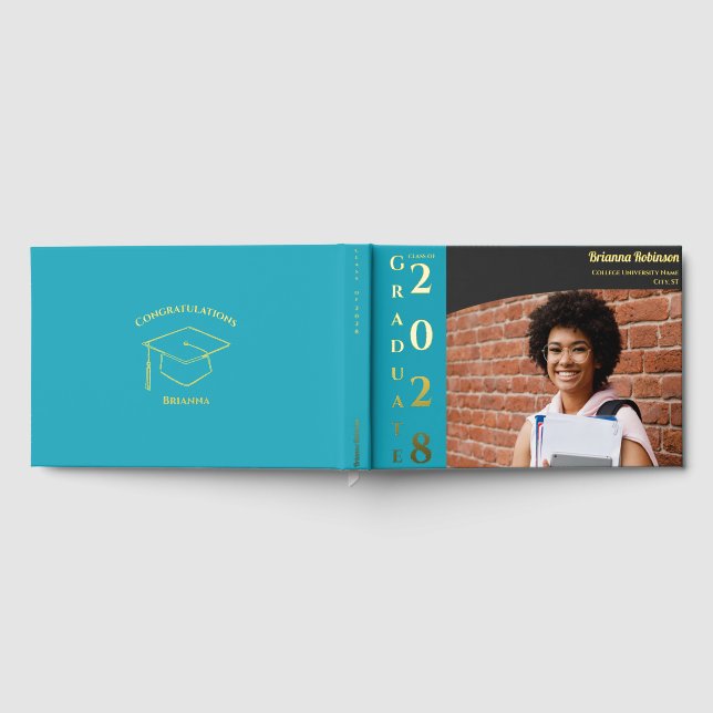 Turquoise Modern Photo Graduation Party Gold  Foil Guest Book (Full)