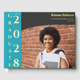 Turquoise Modern Photo Graduation Party Gold Foil Guest Book