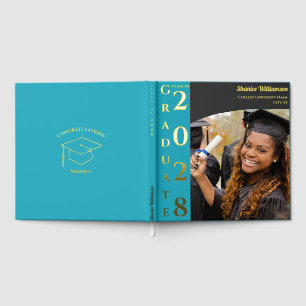 Turquoise Modern Photo Graduation Party Gold Foil Guest Book