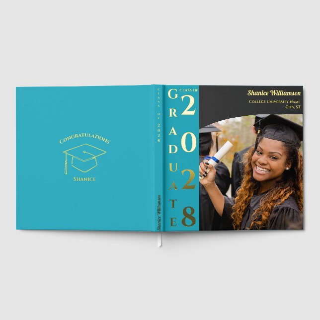 Turquoise Modern Photo Graduation Party Gold Foil Guest Book (Full)