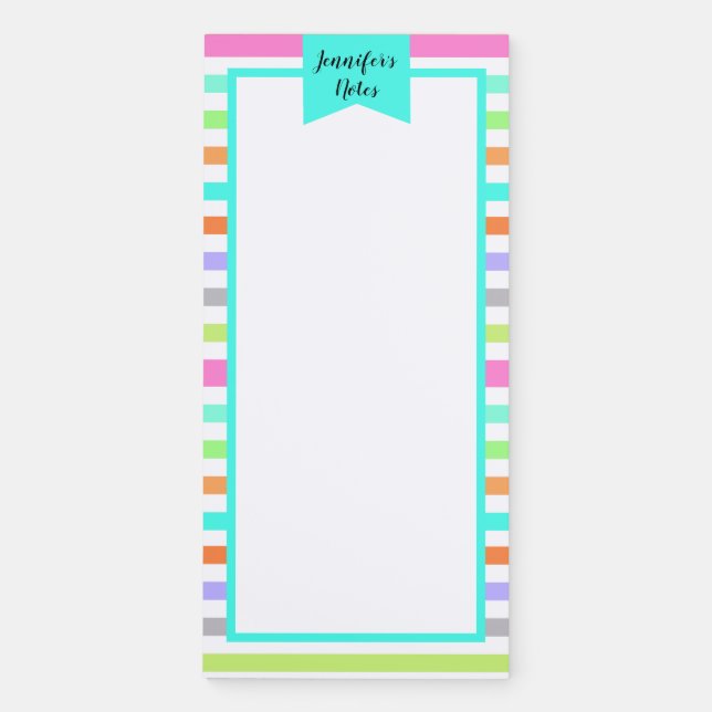 Turquoise Modern Rainbow Stripes Personalized Magnetic Notepad (Front)