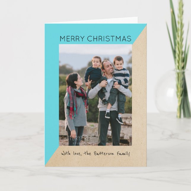 Turquoise Modern Slant Holiday Photo Card (Front)