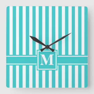 Turquoise Modern Stripe with Monogram Square Wall Clock