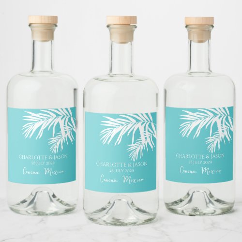 Turquoise  Modern Tropical Leaves Custom Wedding   Liquor Bottle Label