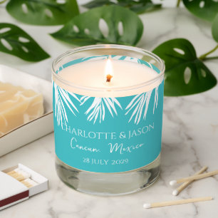 Turquoise Modern Tropical Leaves Custom Wedding Scented Candle