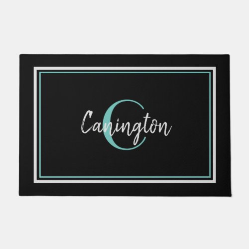 Turquoise Monogram and Family Name New Home Black Doormat