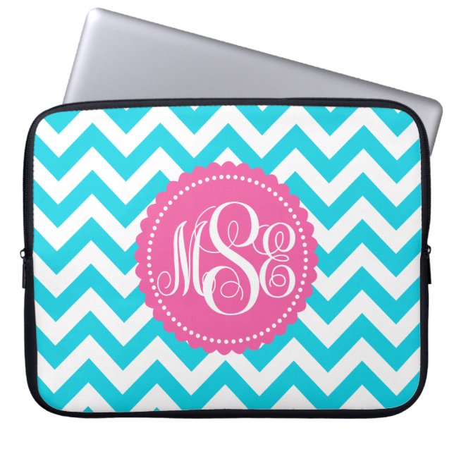 Turquoise Monogram Chevron Pattern Laptop Sleeve (Front)