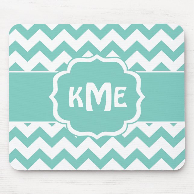 Turquoise monogram chevron stripe mouse pad (Front)