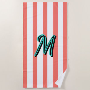 Turquoise Monogram Coral White Summer Stripes Beach Towel