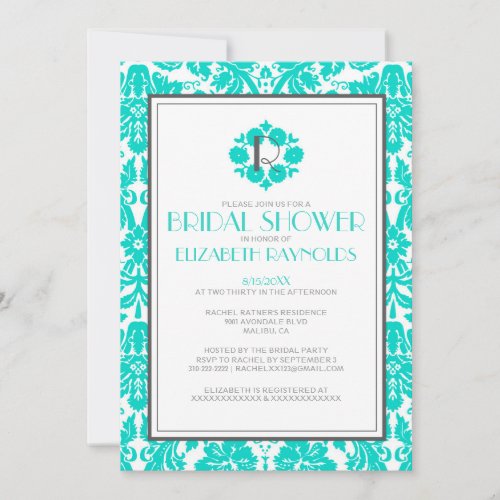 Turquoise Monogram Damask Bridal Shower Invitation