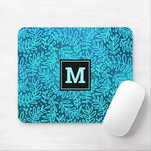 Turquoise monogram foliage leaves pattern modern mouse pad