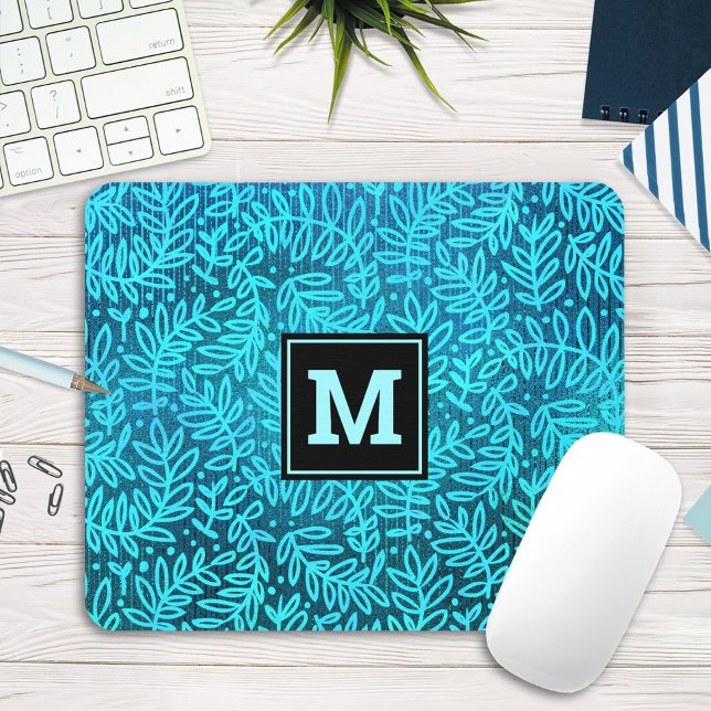 Turquoise monogram foliage leaves pattern modern mouse pad (Creator Uploaded)