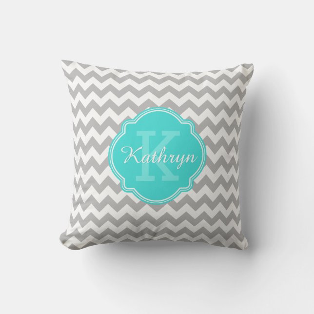 Turquoise Monogram Grey Chevron Pattern Throw Pillow (Front)