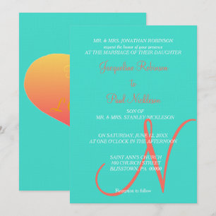 Turquoise Monogram Hearts Invitation