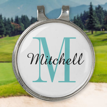 Turquoise Monogram Initial And Name Personalized Golf Hat Clip by jenniferstuartdesign at Zazzle