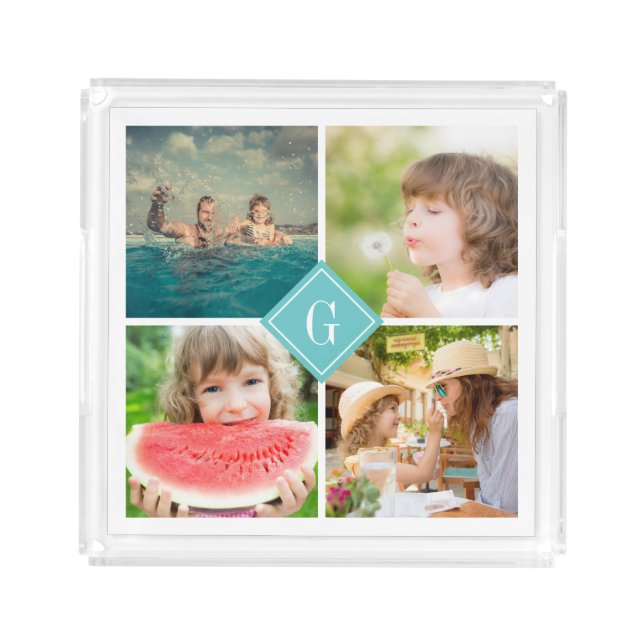Turquoise Monogram Instagram Photo Collage Acrylic Tray (Front)