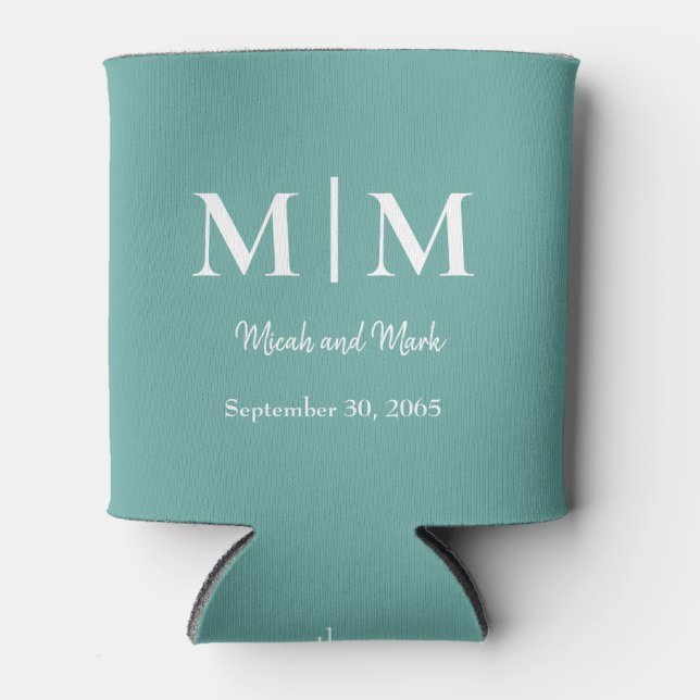 Turquoise Monogram & Names Wedding Can Cooler (Front)