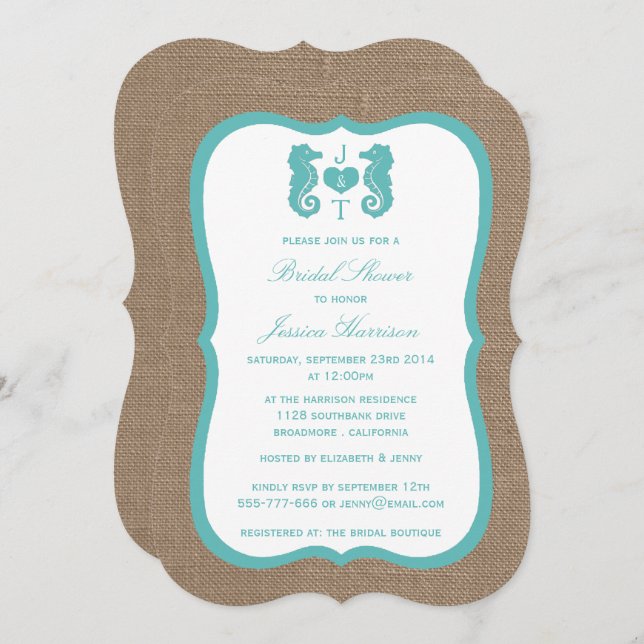 Turquoise Monogram Seahorse Beach Bridal Shower Invitation (Front/Back)